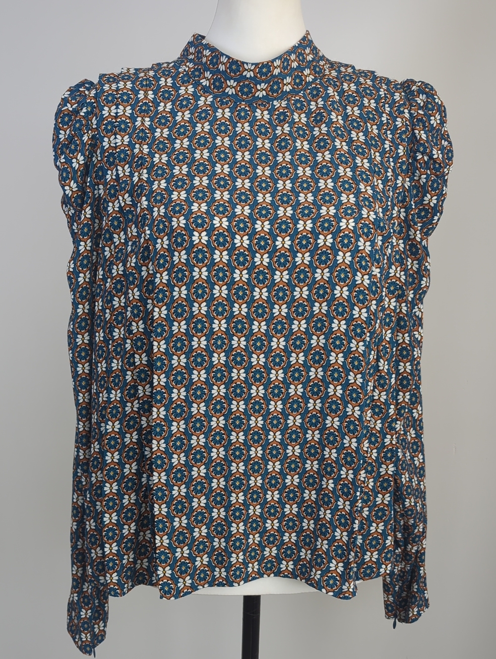 NWT Zara Boho Floral Medallion High Neck Long Puff Sleeve Blouse Teal LARGE